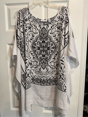 White and Black Printed Boho Cold Shoulder Top